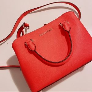 Michael Kors Small Savannah Saffiano Leather Satchel in Coral Reef/Red